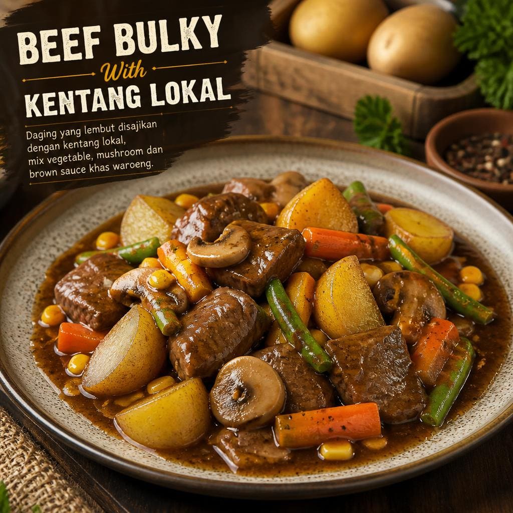 Beef Bulky With Kentang Lokal dengan daging lembut, kentang lokal, dan mix vegetable